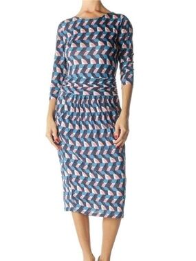Boden Pink & Blue Geometric Pattern 3/4 Sleeve Midi Dress Womens Size 6